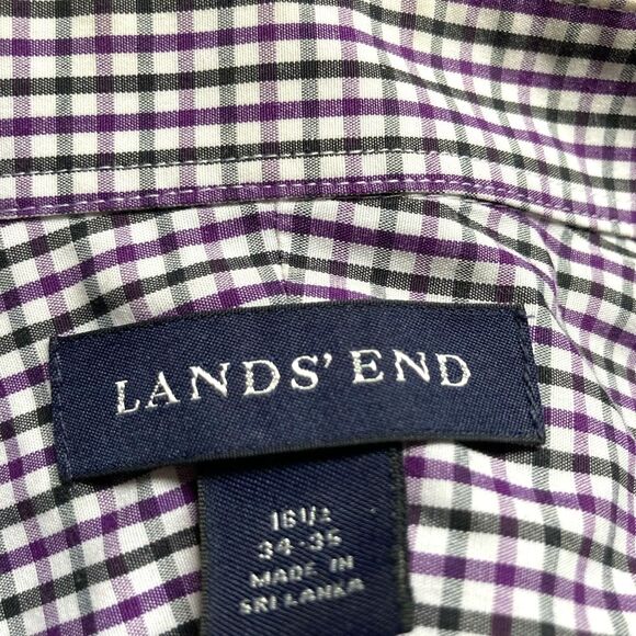 Lands End White Purple Black Gingham Cotton Button Down Long Sleeves Men 16.5 - Picture 5 of 12